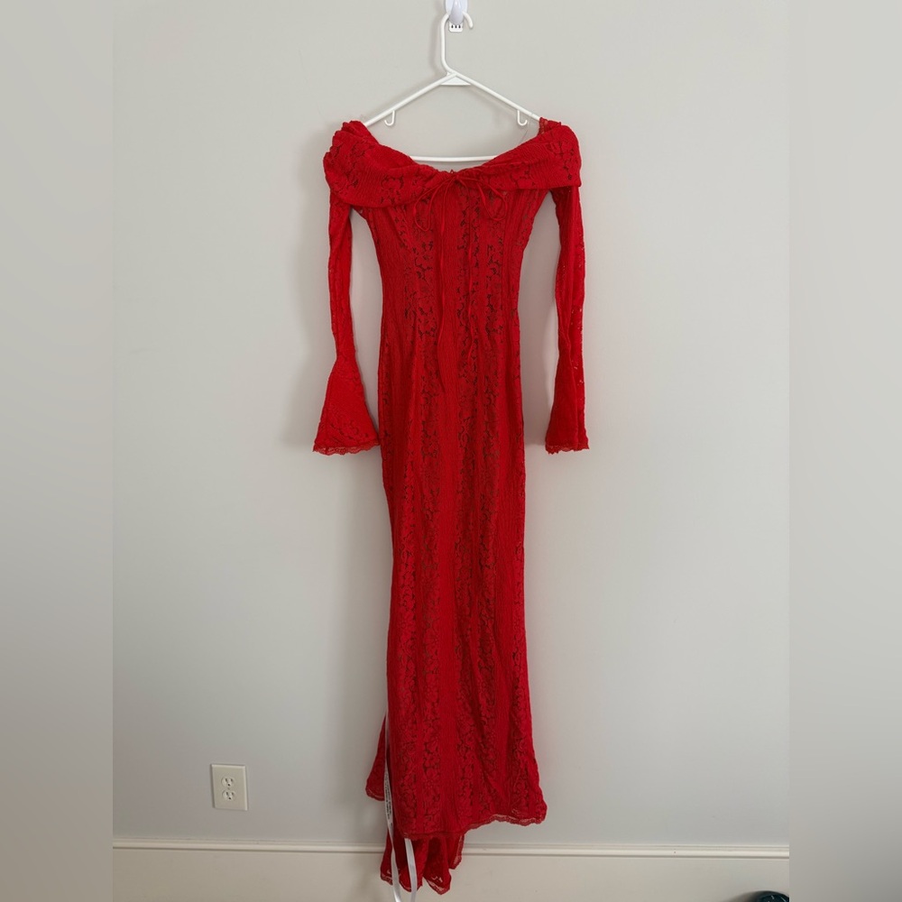 House of CB Belle Off the Shoulder Long Sleeve Mermaid Gown RED - Picture 6 of 7